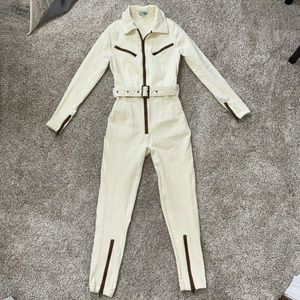 Cream & Brown ZipperedJumpsuit with Belt